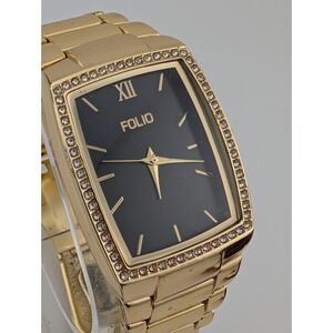 Folio Watch Men 32mm Case Crystal Bezel Gold 7.25" Band- New Battery